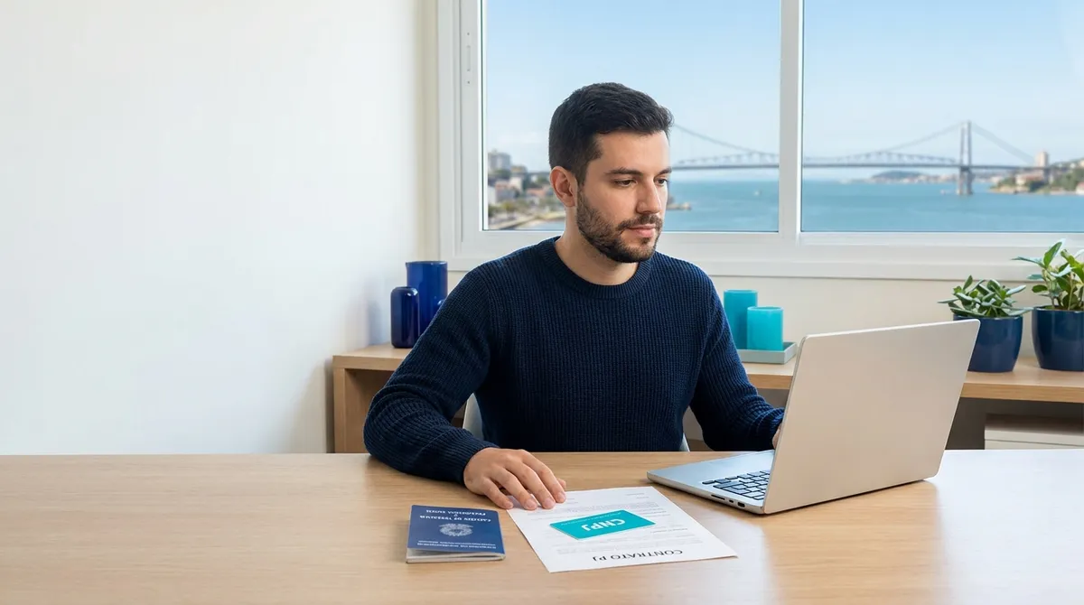 Profissional de tecnologia decidindo entre contrato CLT e PJ em home office com vista de Florianópolis ao fundo Profissional de tecnologia decidindo entre contrato CLT e PJ em home office com vista de Florianópolis ao fundo