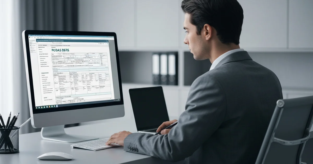 Contador preenchendo PGDAS-D e DEFIS do Simples Nacional no computador em escritório de SC Contador preenchendo PGDAS-D e DEFIS do Simples Nacional no computador em escritório de SC